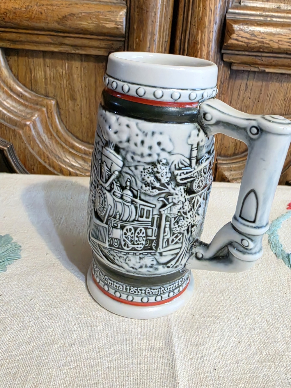 Avon 1985 Train Relief Beer Stein Mug, White Ceramic 14 oz Embossed